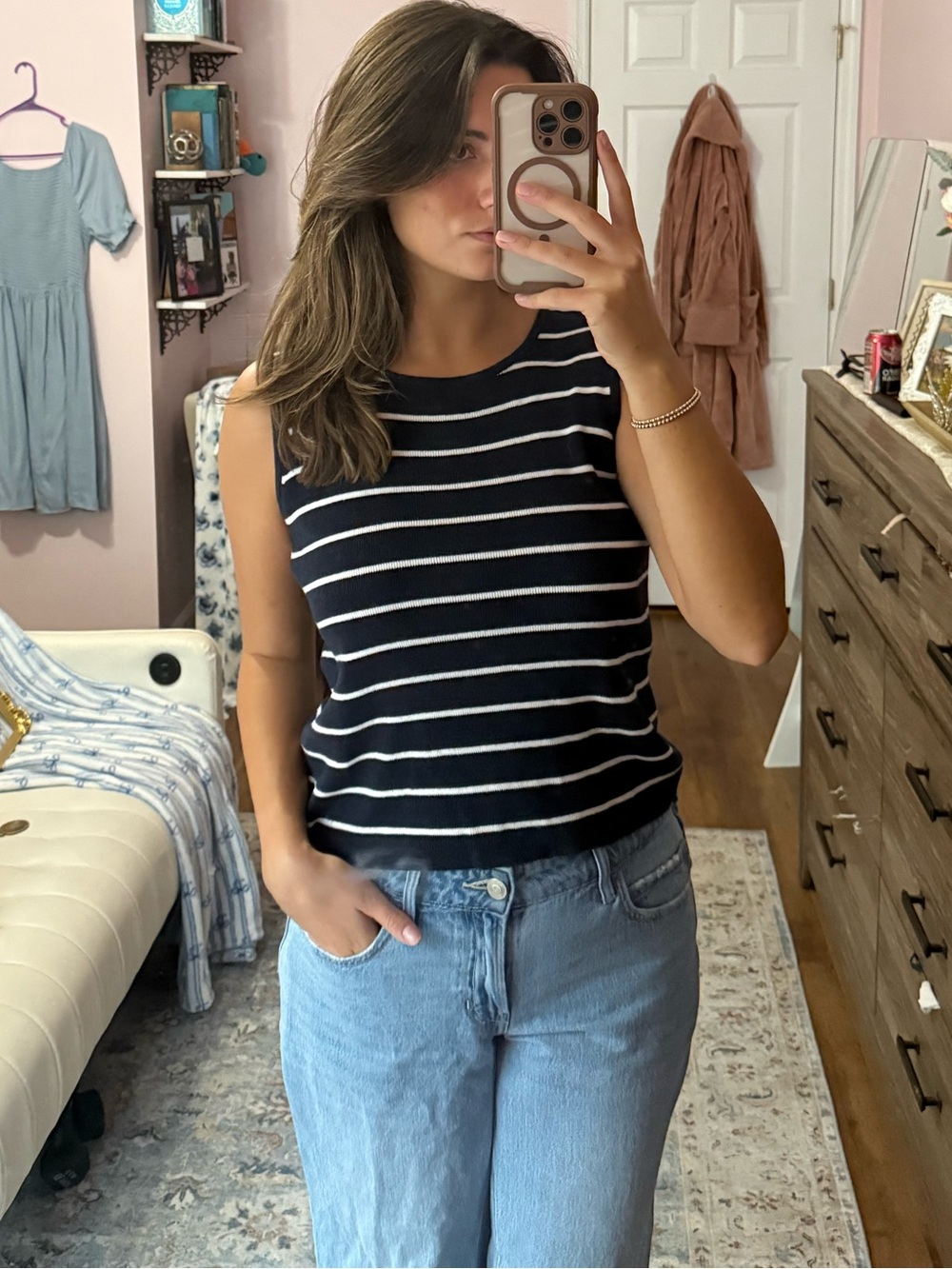 Navy and White Striped Sleeveless Knit Tank